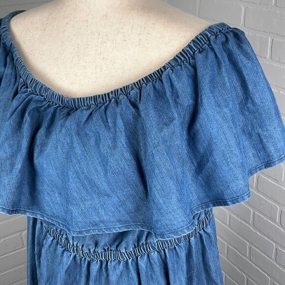 Lane Bryant Dress Women‎ 18/20 Blue Chambray 4Way Neck Ruffle Midi Logenlook NWT - Picture 2 of 16